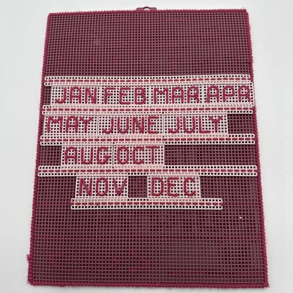 Vintage Homemade Plastic and Yarn Perpetual Calendar Pink & White 10.7